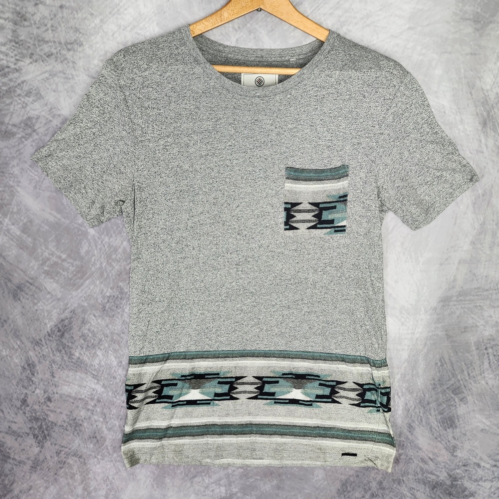 On The Byas Aztec Southwestern Pocket T Shirt Mens Small Grey Tribal Teal Hem S